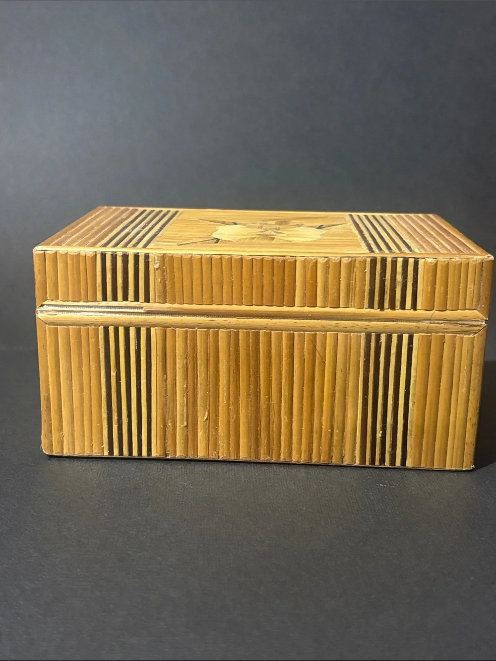 Vintage bamboo floral inlay trinket holder jewelry box velvet lined handmade